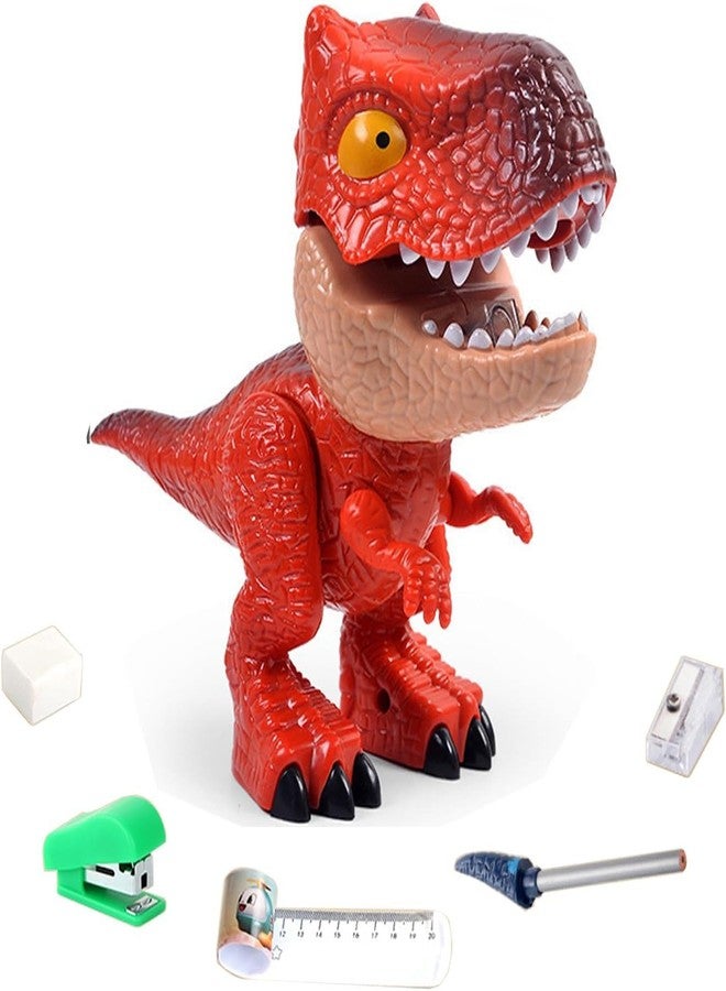 KolorFish 5 in 1 Stationery Set,Dinosaur-Themed Stationery Funny Toy for Kids,Student Storage Eraser Ruler Pencil Sharpener Staple for Boys and Girls (Red) - Image 1